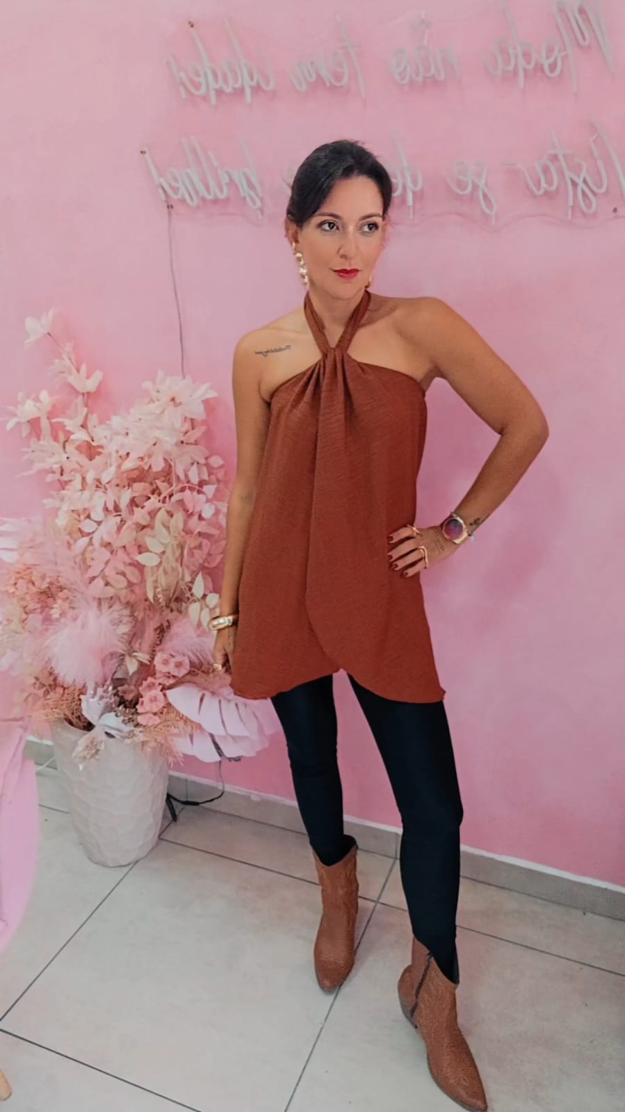 Blusa Duna com amarração no pescoço - Marrom