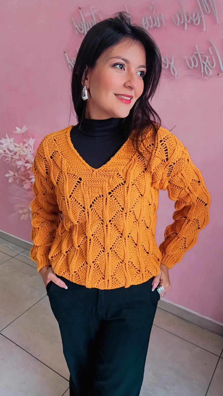 Blusa Tricô manga longa trama aberta - Mostarda