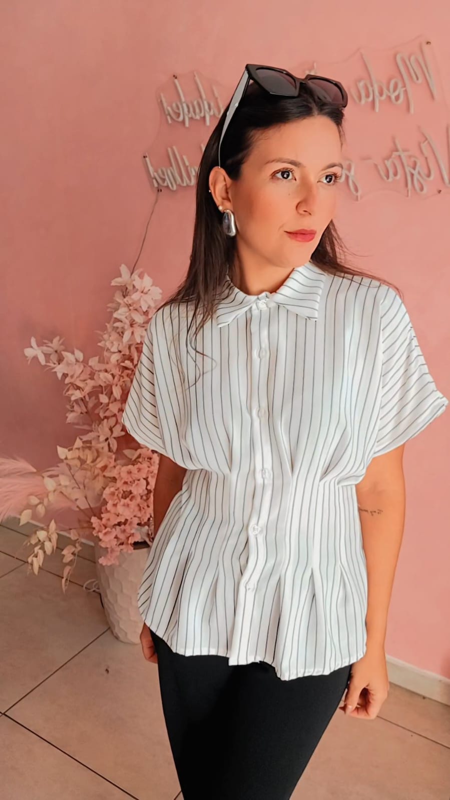 Camisa risca de giz manga curta