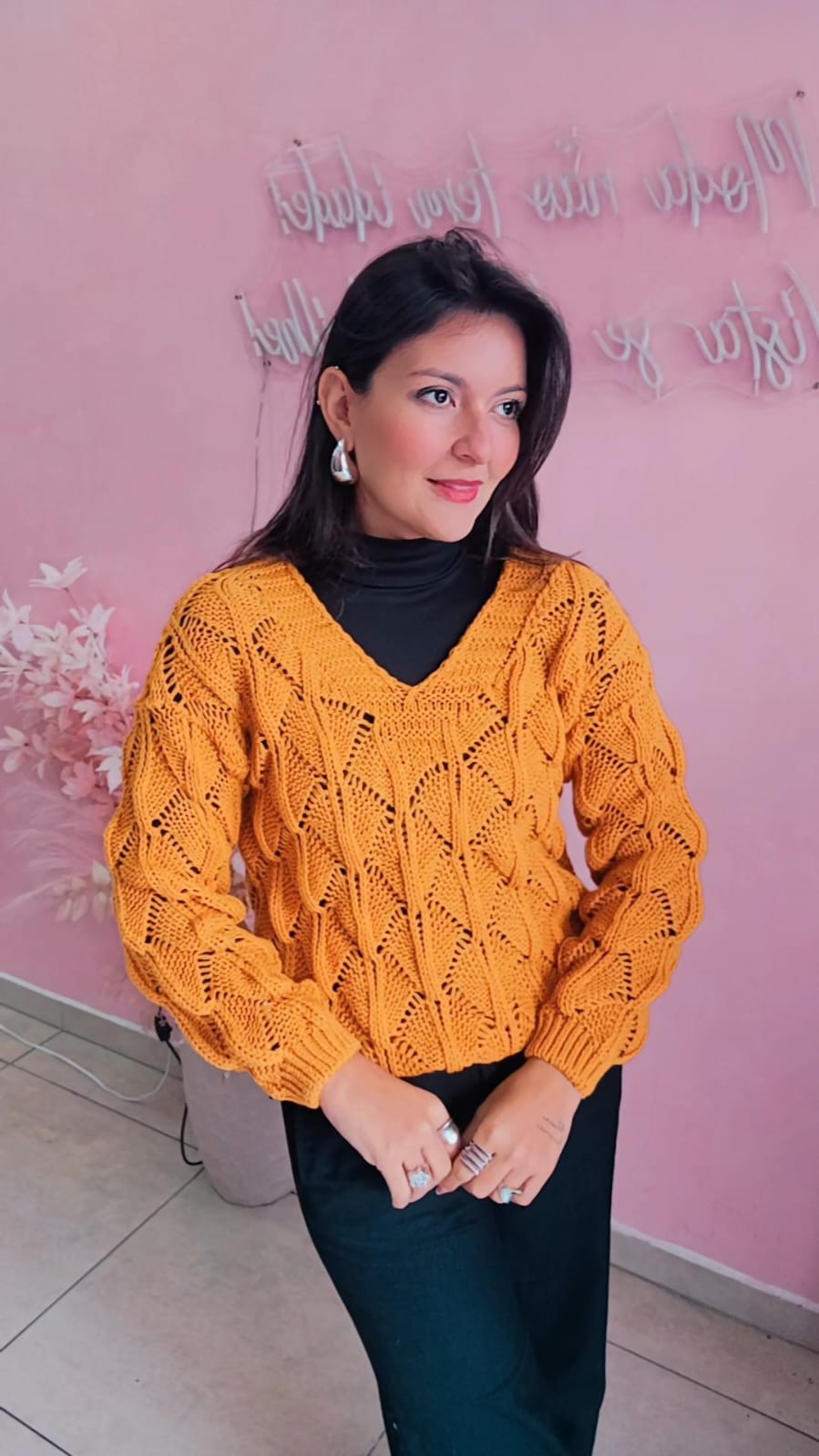 Blusa Tricô manga longa trama aberta - Mostarda