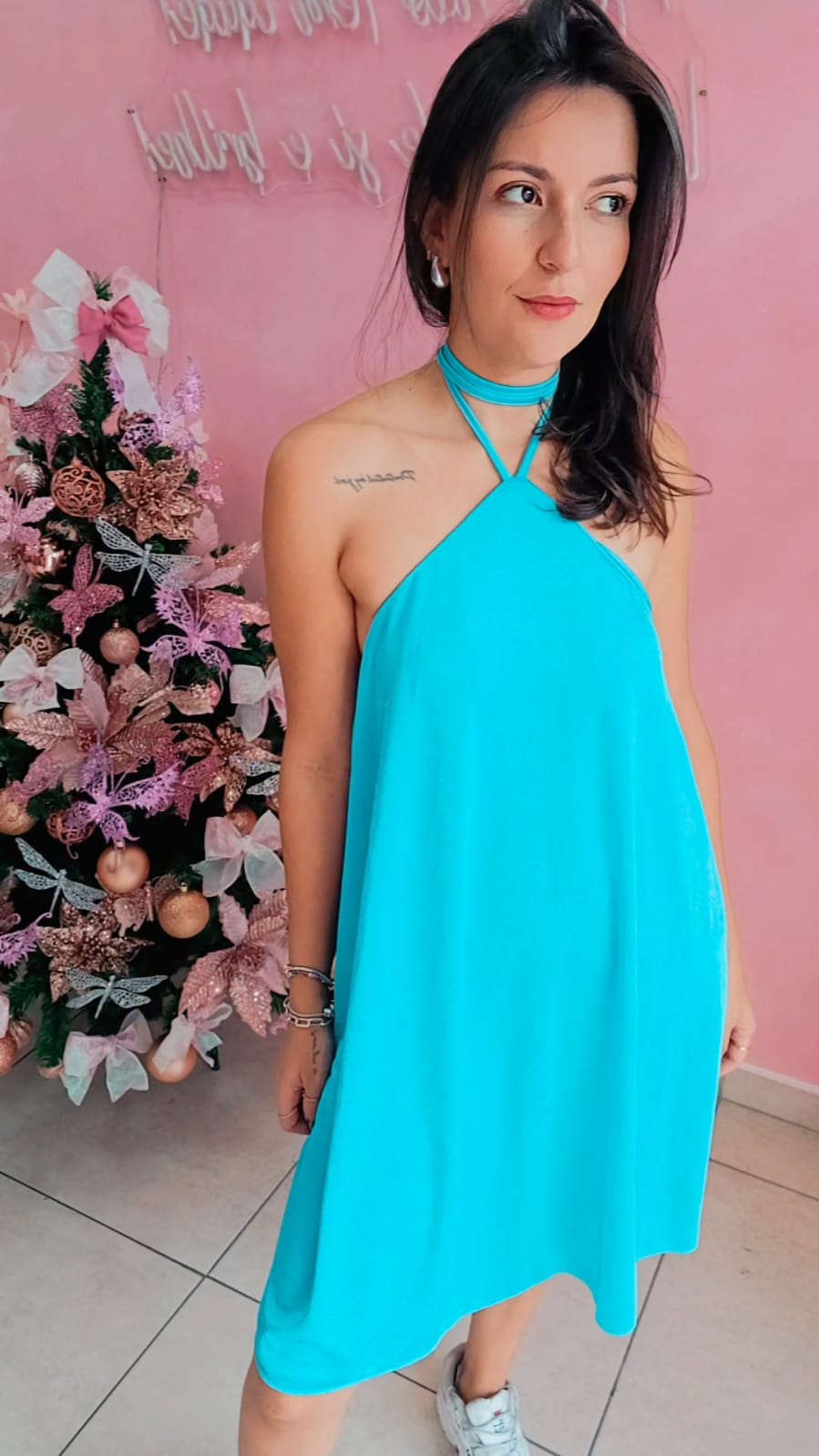 Vestido Frente única amarração no pescoço Azul