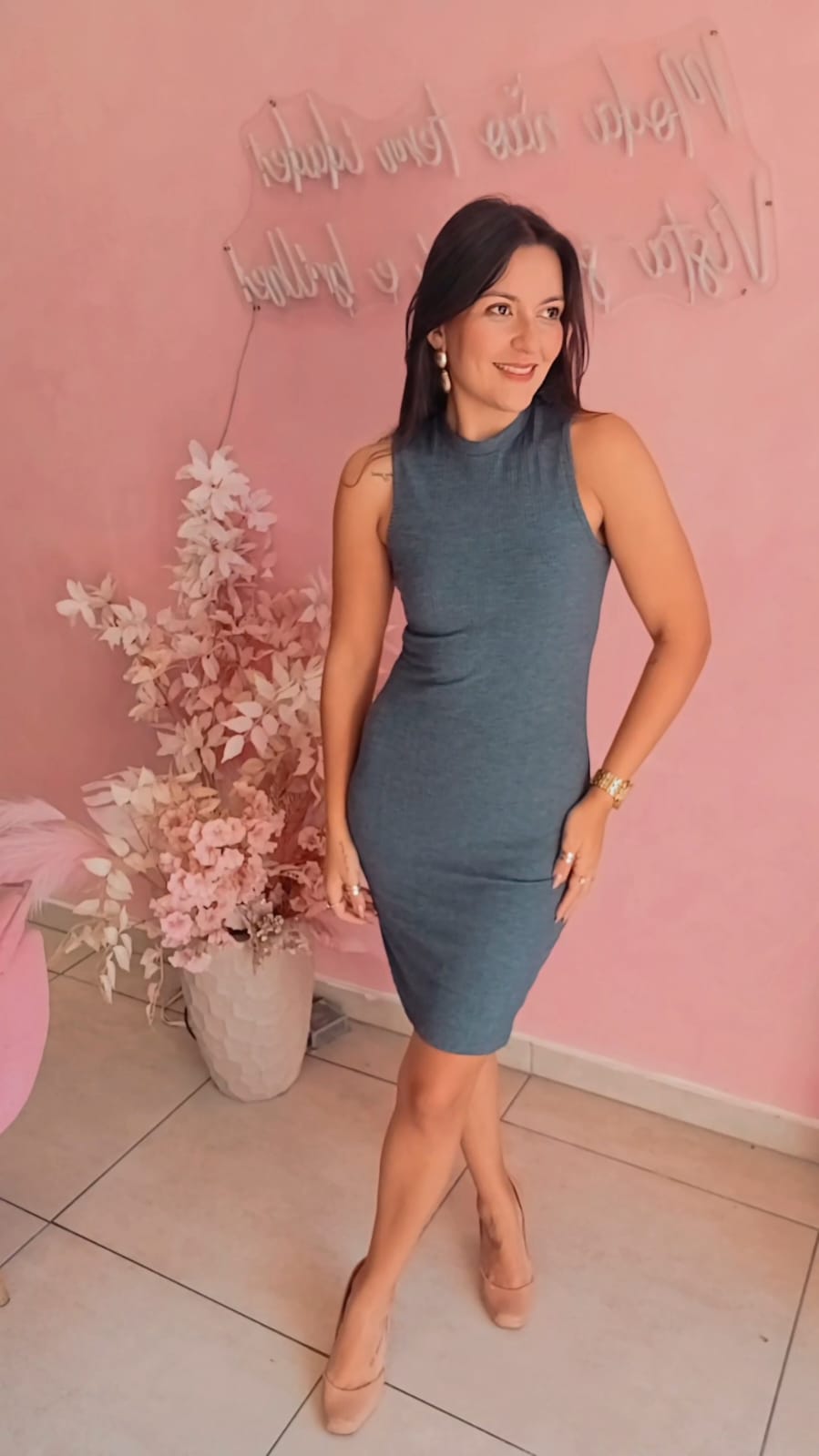 Vestido Curto Ribana sem manga Cinza