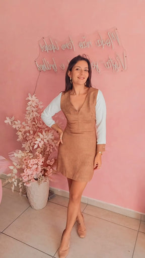 Vestido Curto risca de Giz manga comprida  Ocre
