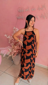Vestido viscose estampado marrom e preto