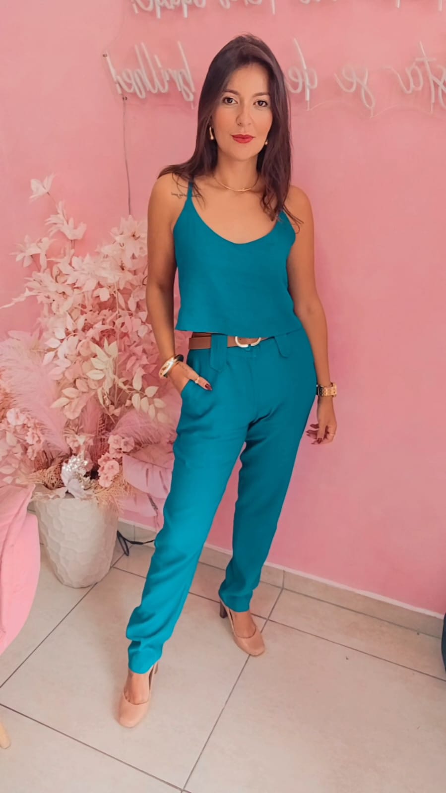 Blusa alça fina alfaiataria Azul Petróleo