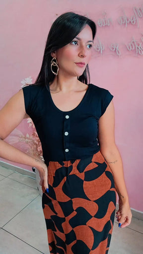 Saia Mid Viscose com elástico na cintura - estampada marrom e preta