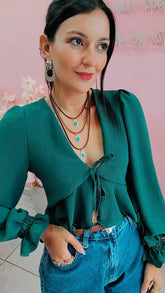 Blusa Boho manha longa verde militar