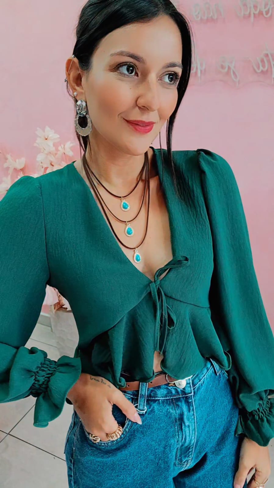 Blusa Boho manha longa verde militar