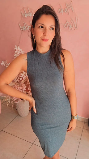 Vestido Curto Ribana sem manga Cinza