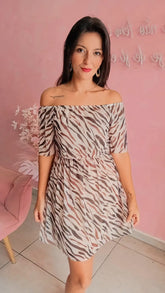 Vestido ombro ombro em tule animal print Tigre