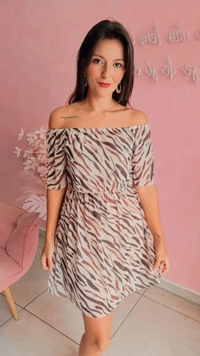 Vestido ombro ombro em tule animal print Tigre