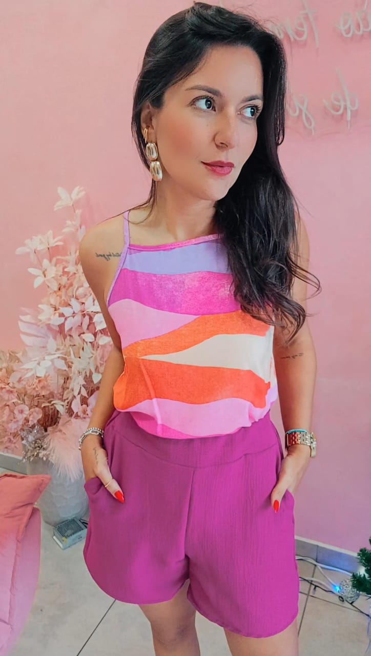 Blusa Viscose alça fina decote quadrado estampada  - Tons de rosa