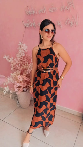 Vestido viscose estampado marrom e preto