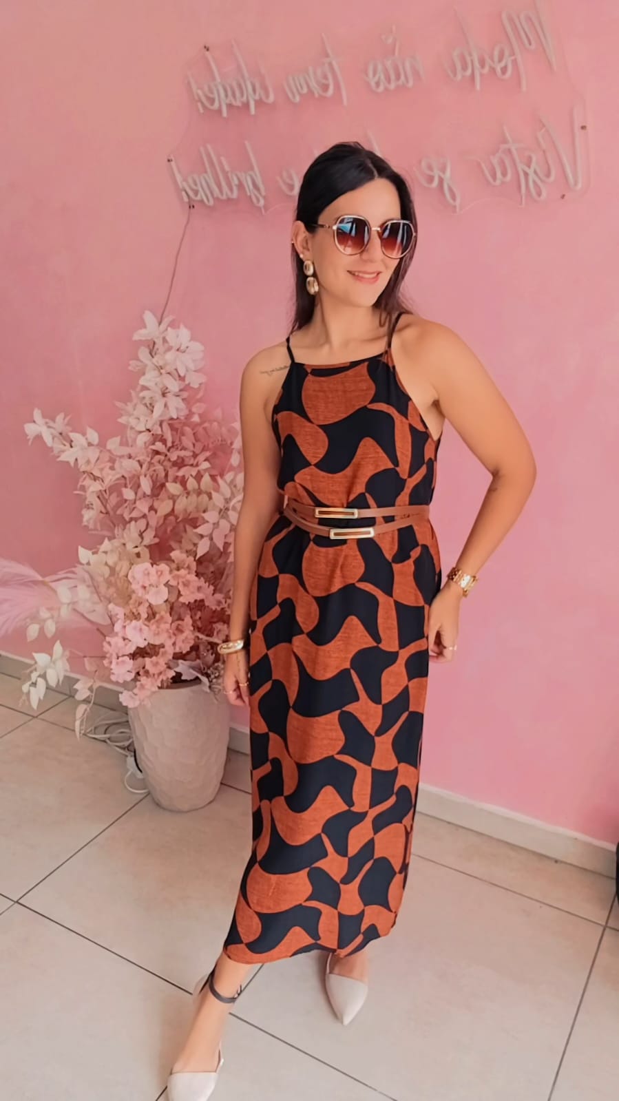 Vestido viscose estampado marrom e preto