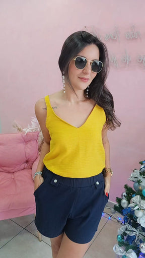 Shorts Visco Linho Elastico na Cintura - Azul Marinho