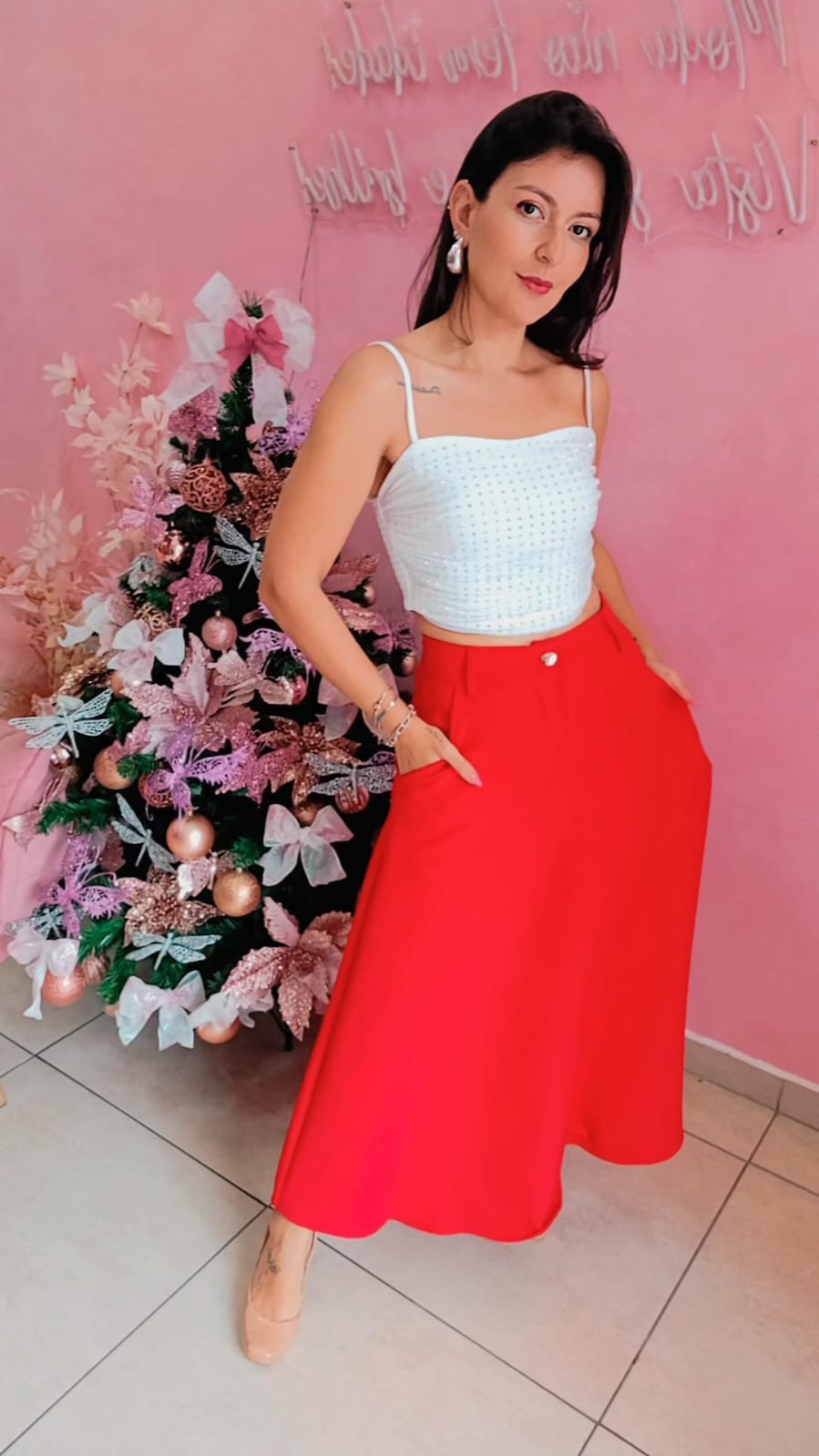 Saia alfaiataria cintura alta com bolso lateral  - Vermelha