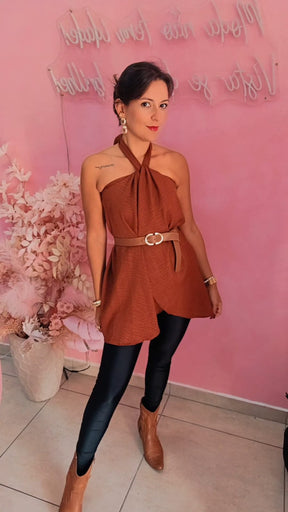Blusa Duna com amarração no pescoço  - Marrom