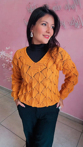 Blusa Tricô manga longa trama aberta -  Mostarda