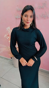Vestido Mid manga longa com gola texturizado Preto