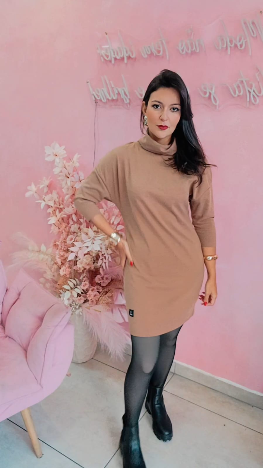 Vestido moletinho gola alta e manga 7/08  - Cappuccino