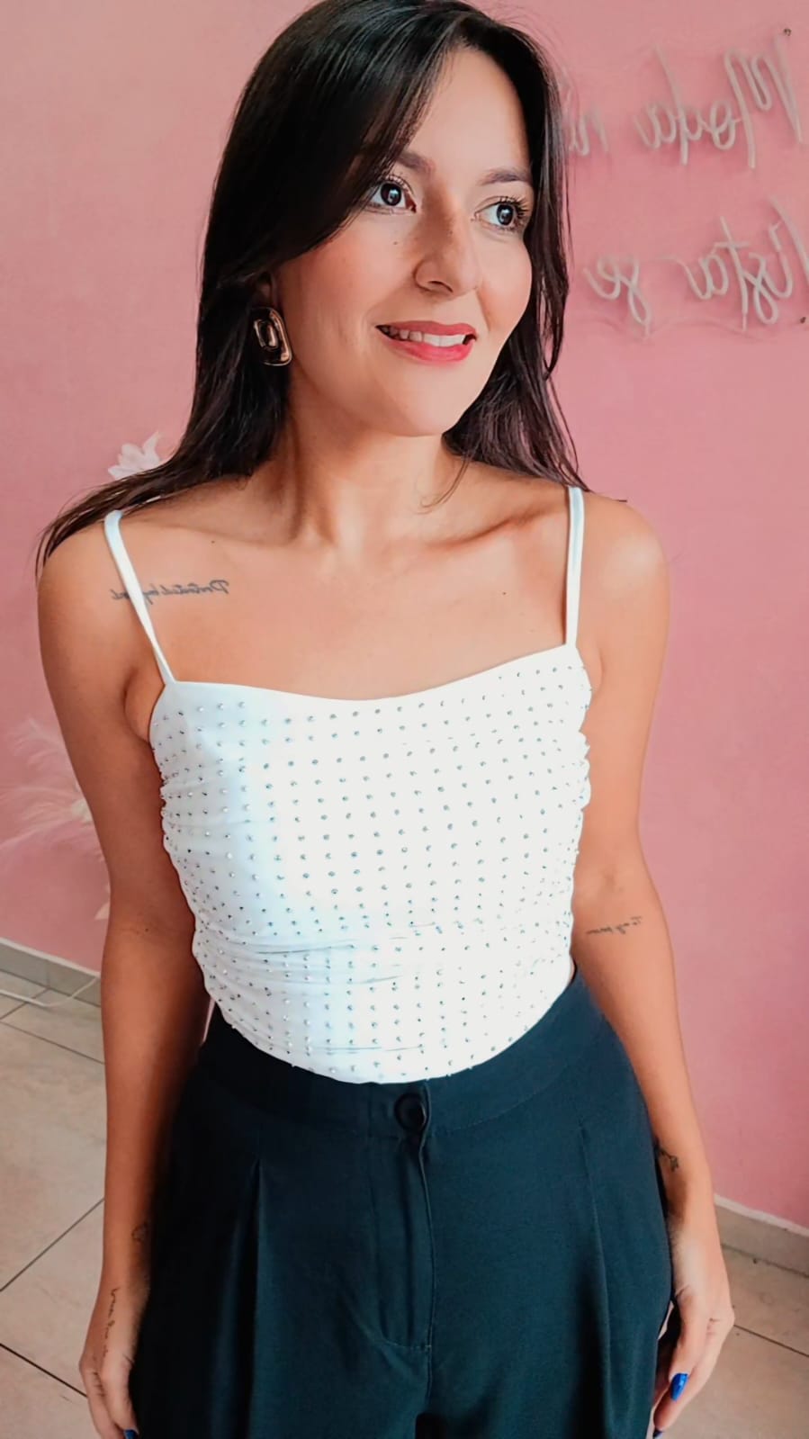 Cropped Tule com brilho alças finas  - Branco