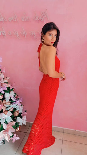 Vestido Longo frente única rendado  -  Vermelho