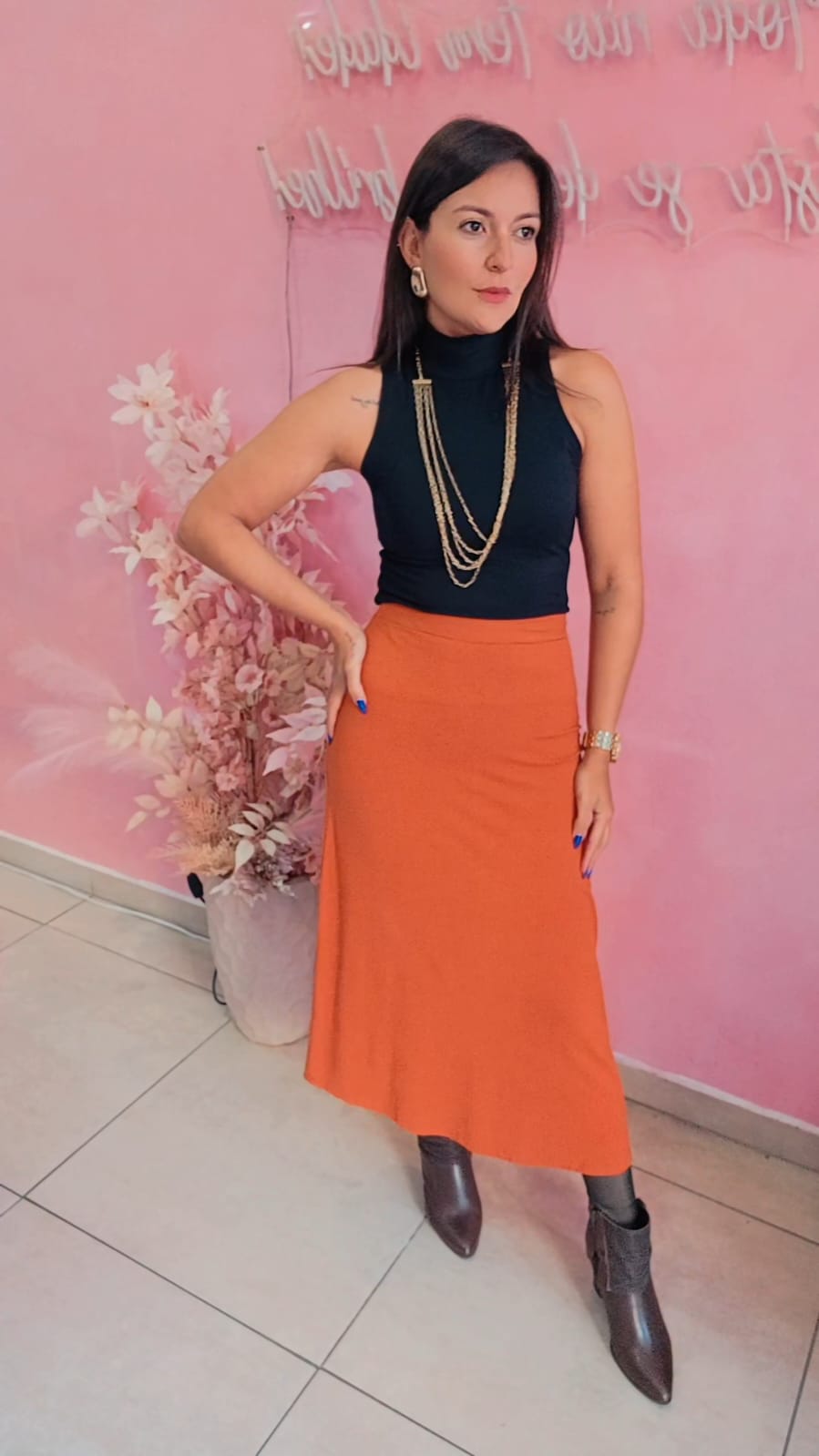 Saia Mid malha com elastico na cintura - Telha