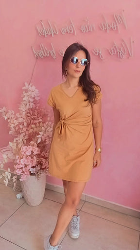 Vestido Malha ocre manga curta