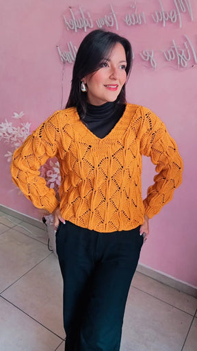 Blusa Tricô manga longa trama aberta -  Mostarda