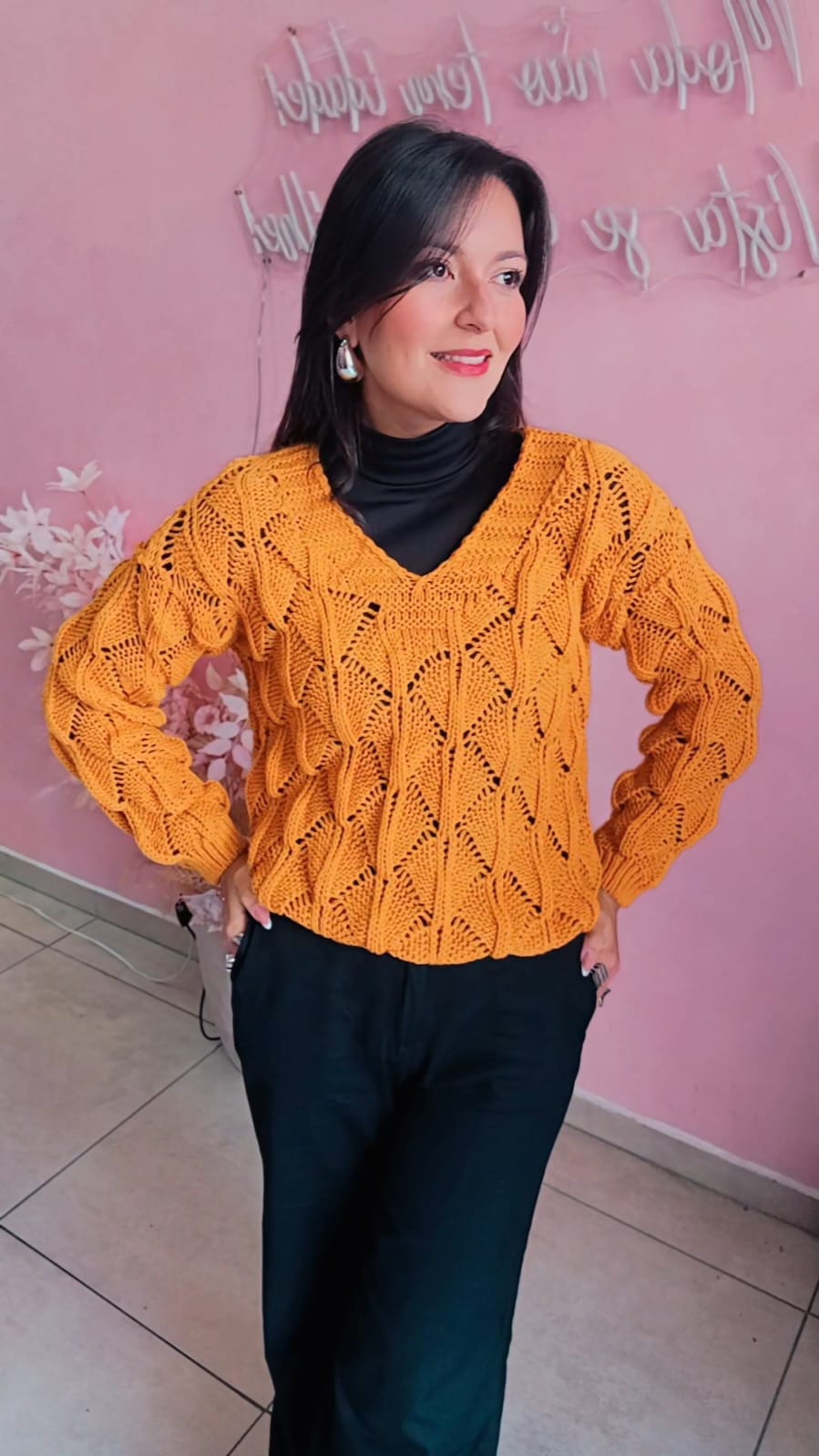 Blusa Tricô manga longa trama aberta -  Mostarda