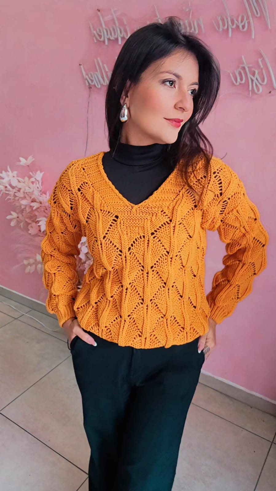 Blusa Tricô manga longa trama aberta -  Mostarda