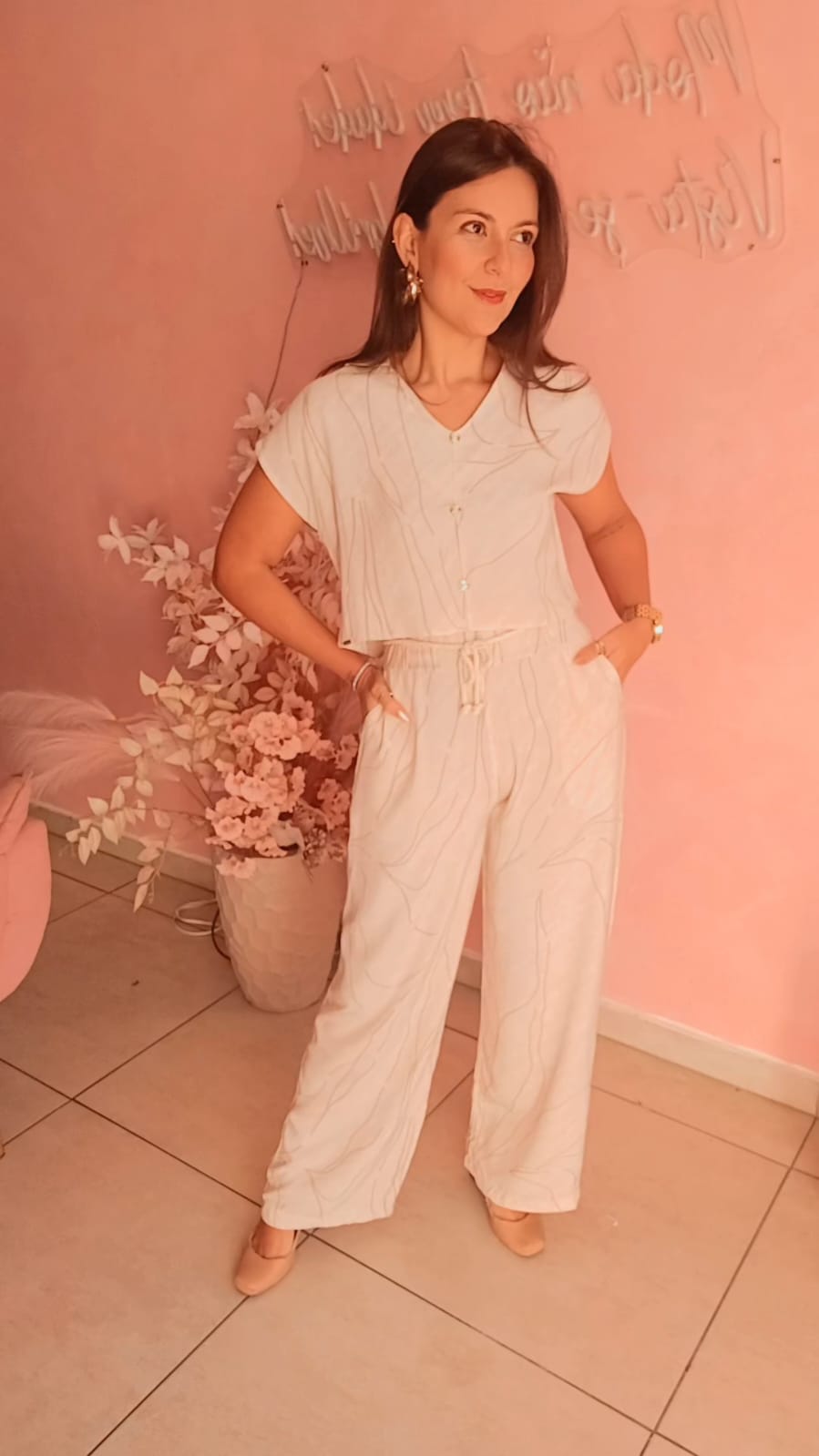 Calça Pantalona em viscose com elástico na cintura Estampada  - Nude