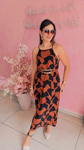 Vestido viscose estampado marrom e preto