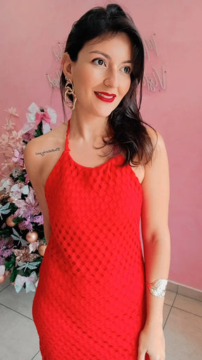 Vestido Longo frente única rendado  -  Vermelho