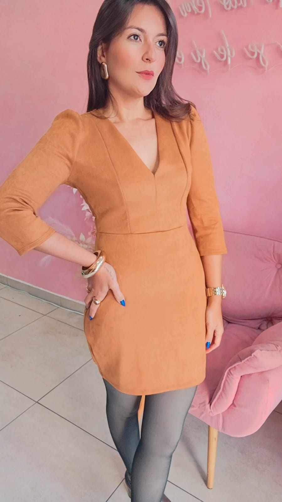 Vestido Suede manga 7/8