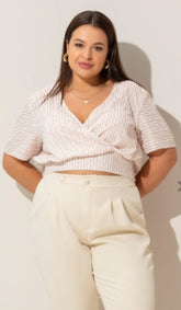 Cropped decote em V com elástico na cintura - listras rosas