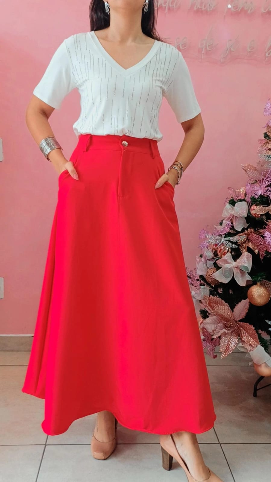 Saia alfaiataria cintura alta com bolso lateral  - Vermelha