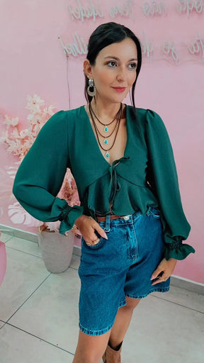 Blusa Boho manha longa verde militar