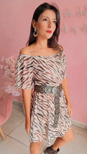 Vestido ombro ombro em tule animal print Tigre