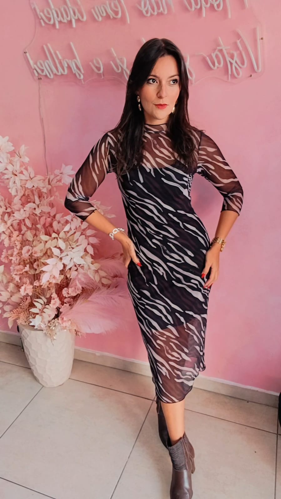 Vestido Mid Tule manga longa  - Estampado