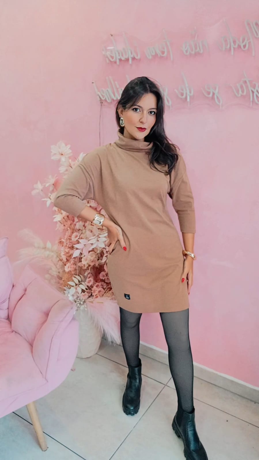 Vestido moletinho gola alta e manga 7/08  - Cappuccino