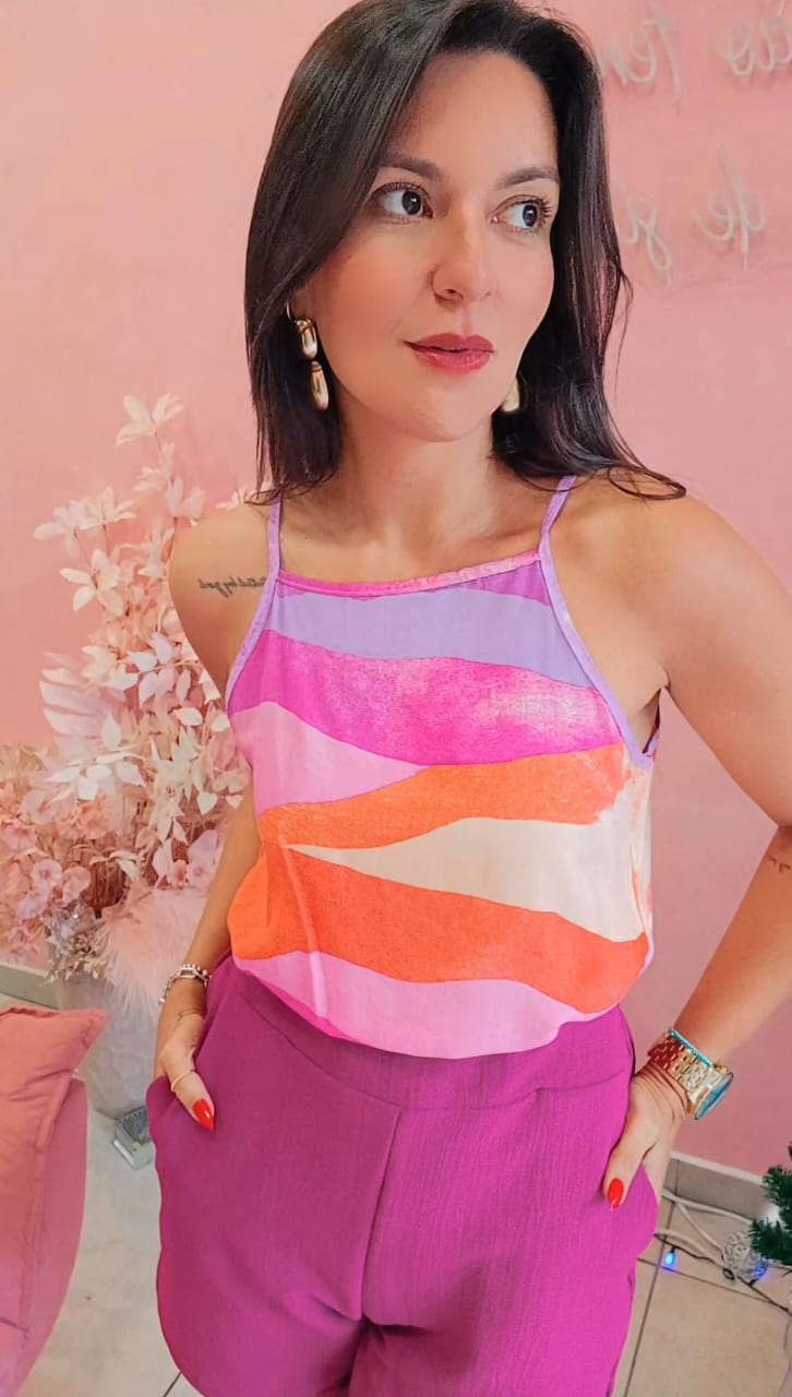 Blusa Viscose alça fina decote quadrado estampada  - Tons de rosa