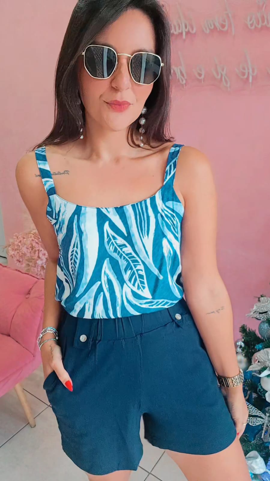 Regata em Viscose Azul e Branca