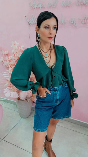 Blusa Boho manha longa verde militar
