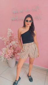 Shorts Viscose cintura alta com elástico na cintura estampado  -Nude e Preto