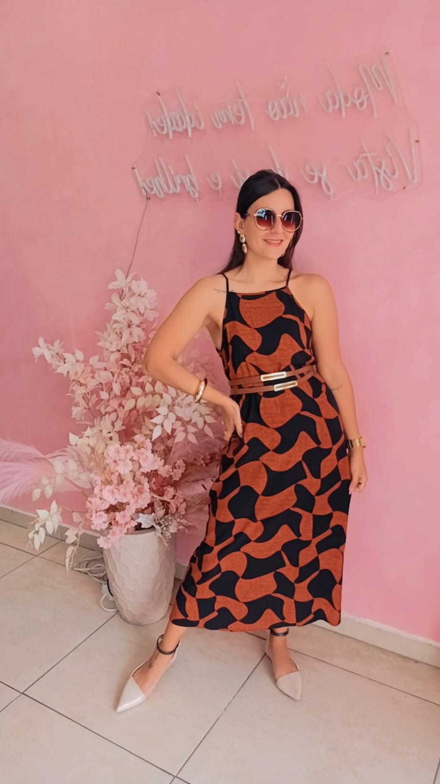 Vestido viscose estampado marrom e preto