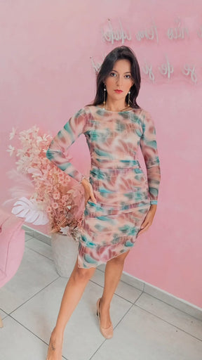 Vestido Mid em tule com manga longa e drapeado  - Estamapado