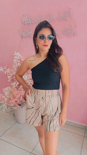 Shorts Viscose cintura alta com elástico na cintura estampado  -Nude e Preto