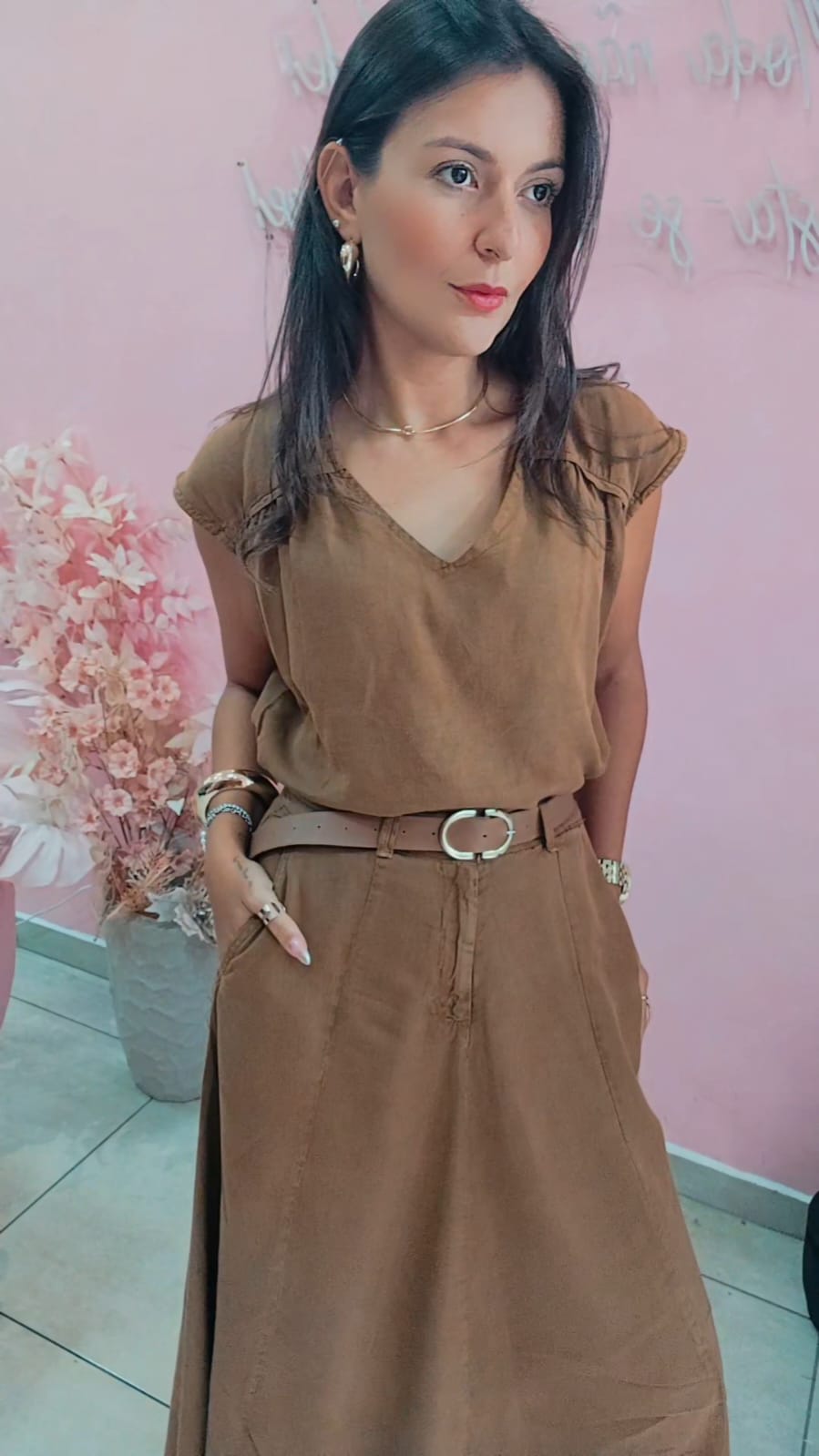 Saia jeans longa fluida Marrom