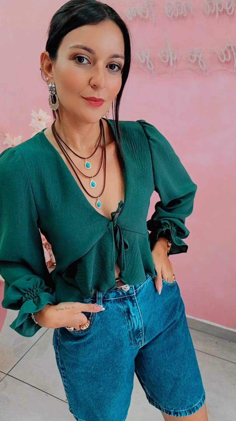 Blusa Boho manha longa verde militar